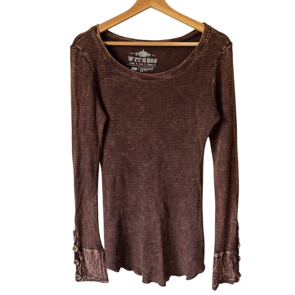 Witness Waffle knit Top Long Sleeve Button Cuff Sleeve Details Distressed Brown
